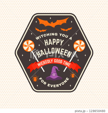 Halloween design, shirt, logo, badge, decorations, cards, banner with werewolf, skull hand hold microphone, wizard hat, spiders, bats and candys silhouette. 128658480