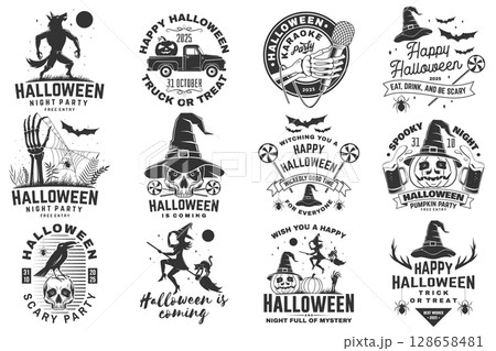 Halloween vector set with spooky elements including pumpkins, skulls in wizard hats, werewolf, flying witch on a broomstick, beer mug, and pumpkin pickup truck silhouette. Perfect for Halloween t 128658481