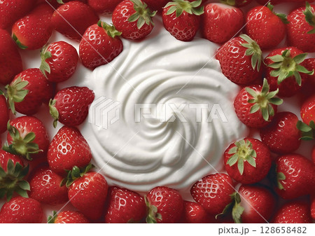 Fresh raw red strawberries with natural creamy yogurt.Macro.AI Generative 128658482