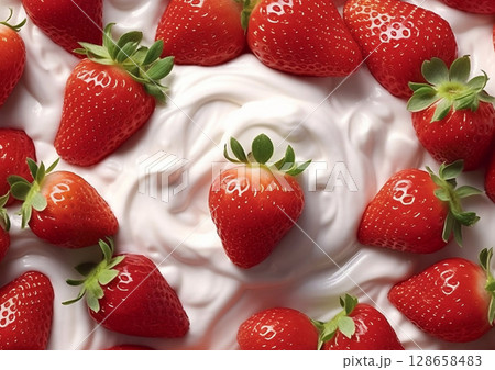 Natural yogurt with fresh raw strawberries.Macro.AI Generative 128658483