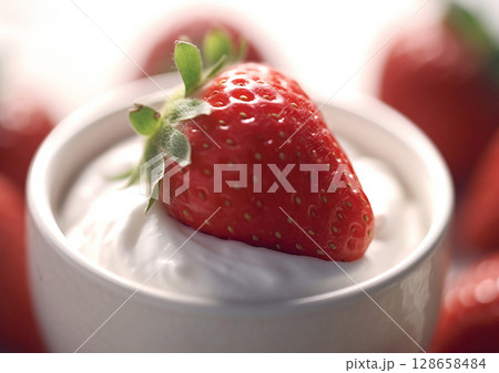 Natural yogurt with fresh raw strawberry for healthy breakfast.Macro.AI Generative 128658484