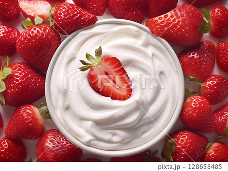Bowl of organic natural yogurt and fresh raw ripe strawberries.Macro.AI Generative 128658485