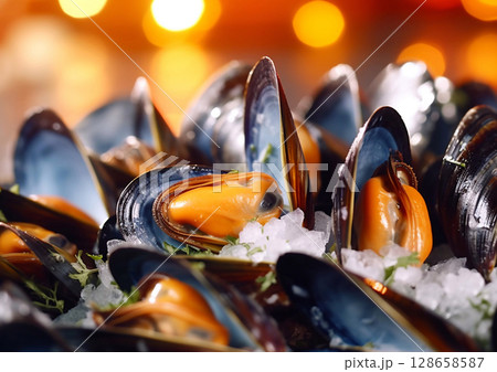 Fresh sea mussels on melted ice in seafood market.Macro.AI generative 128658587