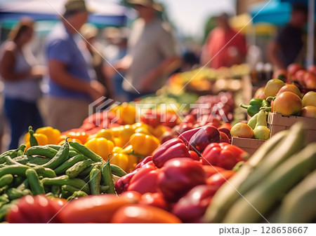 Summer street food market with fresh vegetables and fruits and people.Macro.AI Generative 128658667