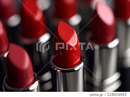 Dark red glossy lipsticks on dark background.Macro.AI Generative 128658683