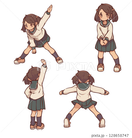 セーラー服を着た少女の元気なポーズセット 128658747