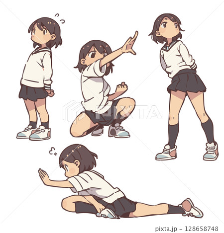 立つ・座る・しゃがむ女の子の日常の仕草イラスト（小学生・中学生） 128658748