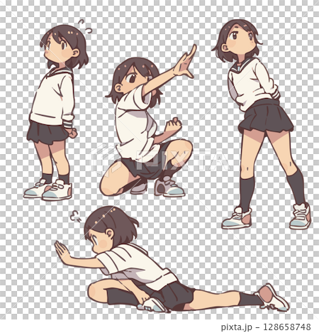 立つ・座る・しゃがむ女の子の日常の仕草イラスト（小学生・中学生） 128658748