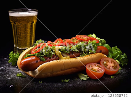 Hot dogg with vegetables and glass of beer on dark background.Macro.AI Generative 128658752