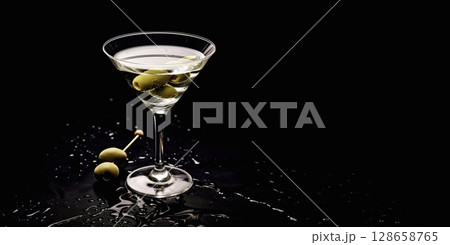 Martini vodka cocktail with olive on dark background.Space for text.AI Generative Martini vodka cocktail with olive on dark background.Space for text.AI Generative 128658765