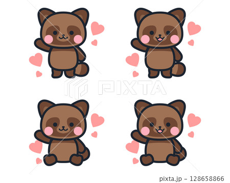 ハートのかわいいミニ狸のイラストセット ハートのかわいいミニ狸のイラストセット 128658866