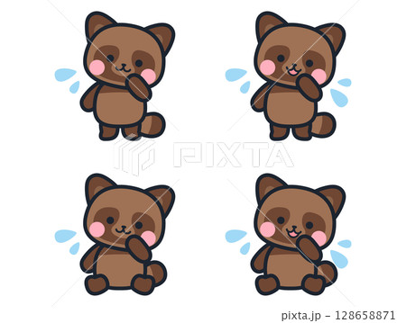 困っているかわいいミニ狸のイラストセット 困っているかわいいミニ狸のイラストセット 128658871