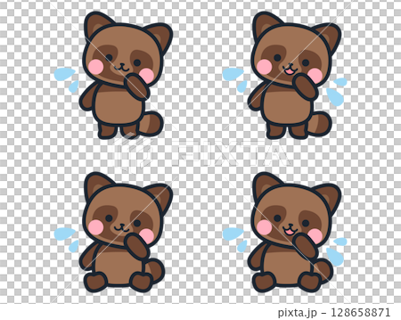 困っているかわいいミニ狸のイラストセット 困っているかわいいミニ狸のイラストセット 128658871