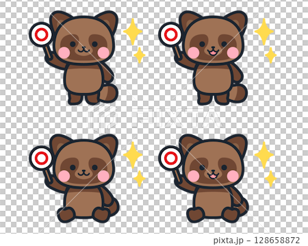 丸の札を持つかわいいミニ狸のイラストセット 丸の札を持つかわいいミニ狸のイラストセット 128658872