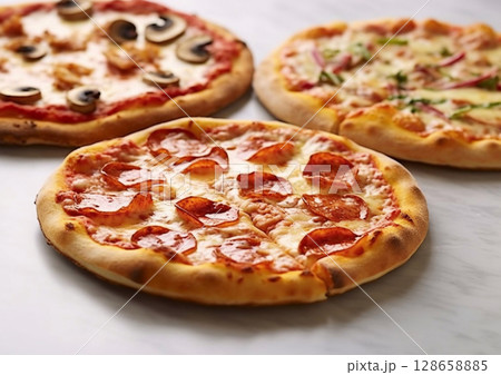 Freshly baked various pizza on light kitchen backgroud.Macro.AI Generative Freshly baked various pizza on light kitchen backgroud.Macro.AI Generative 128658885