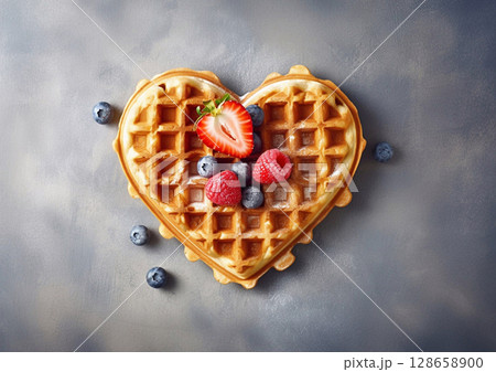 Waffle in heart shape with berries and maple syrup on grey background.Macro.AI Generative 128658900