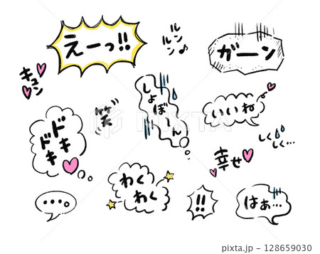 手書き風感情表現の吹き出しセット（セリフ入り・ポップ・コミック風） 128659030