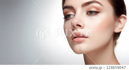Natural makeup beauty portrait of beautiful young model on white background.Macro.AI Generative. 128659047
