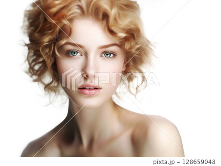 Natural beauty woman with glowing healthy skin on white background.Macro.AI Generative. 128659048