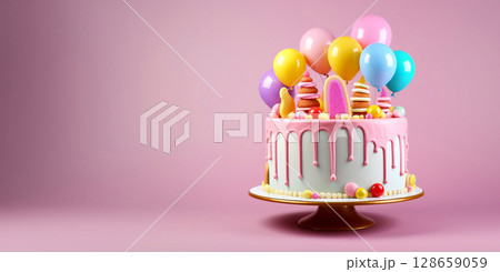 Colorful birthday cake with candies and balloons on cake stand and pink background.AI Generative. 128659059