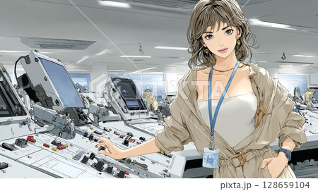 地下鉄の指令室で働く女性のイラスト素材 128659104