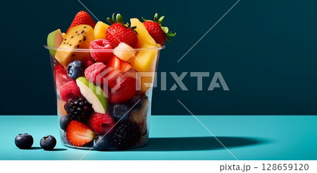 Ripe fresh berries with mango and melon in plastic cup on blue background.Macro.AI Generative. 128659120