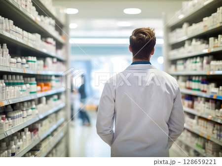 Male pharmacist consultant at pharmacy walking between shelves.Macro.AI Generative 128659221