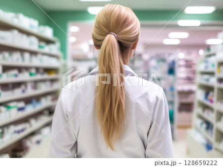 Young female pharmacist consultant at pharmacy between shelves with medicines.Macro.AI Generative 128659222
