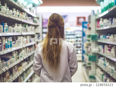 Young female pharmacist consultant at pharmacy between shelves with medicines.Macro.AI Generative 128659223