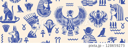 Egypt seamless pattern, vector hand drawn mythology background, ancient civilization texture print.  128659273
