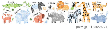 Kids doodle animal set, hand drawn naive Africa wildlife scribble, kindergarten pencil illustration. Kids doodle animal set, hand drawn naive Africa wildlife scribble, kindergarten pencil illustration. 128659274