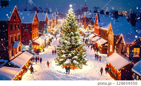 雪が降る夜にクリスマスのイルミネーションで浮かび上がる人々で賑わう街の空撮イラスト 128659350