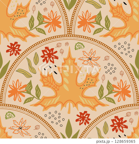 Autumn maple leaf seamless pattern in damask ornament. Vector fall bouquet, flowers, spots background 128659365