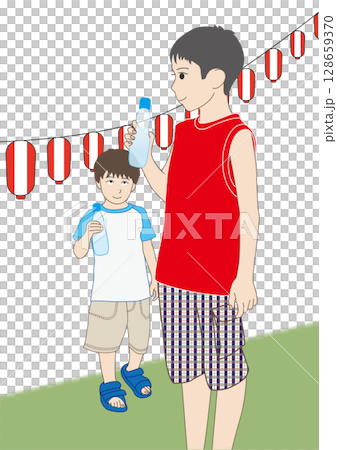 Brothers drinking Ramune at summer festival Brothers drinking Ramune at summer festival 128659370