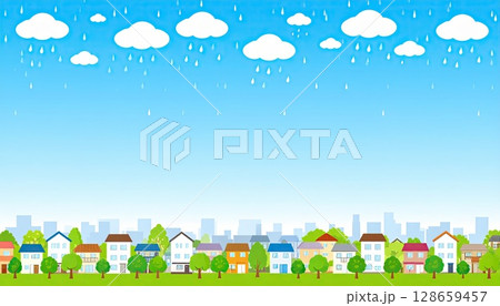 《AI画像》雨が降る住宅街のイラスト 128659457