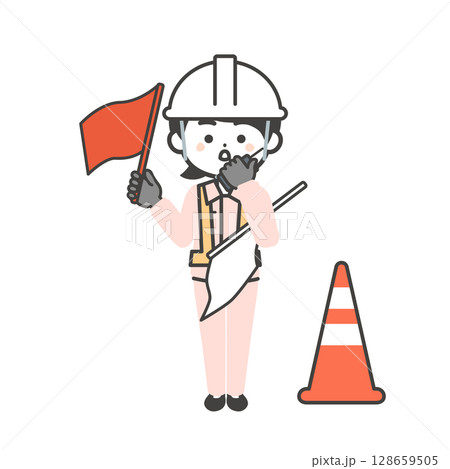 赤旗をあげて誘導するヘルメットをかぶった作業員姿の3頭身女性イラスト 赤旗をあげて誘導するヘルメットをかぶった作業員姿の3頭身女性イラスト 128659505