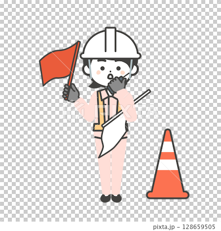 赤旗をあげて誘導するヘルメットをかぶった作業員姿の3頭身女性イラスト 赤旗をあげて誘導するヘルメットをかぶった作業員姿の3頭身女性イラスト 128659505