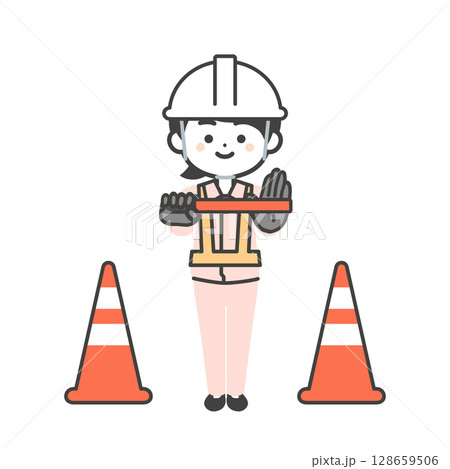 誘導棒を持ち停止を促すヘルメットをかぶった作業員姿の3頭身女性イラスト 128659506