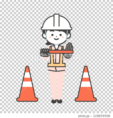 A three-dimensional illustration of a female worker wearing a helmet holding a guide stick and urging people to stop 128659506