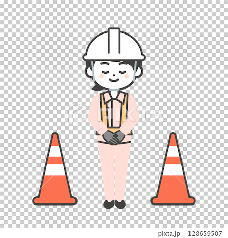 A three-dimensional illustration of a woman wearing a helmet and bowing 128659507