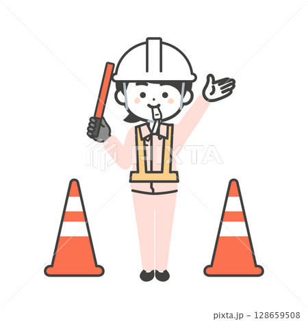 誘導棒を持ち笛を吹くヘルメットをかぶった作業員姿の3頭身女性イラスト 誘導棒を持ち笛を吹くヘルメットをかぶった作業員姿の3頭身女性イラスト 128659508