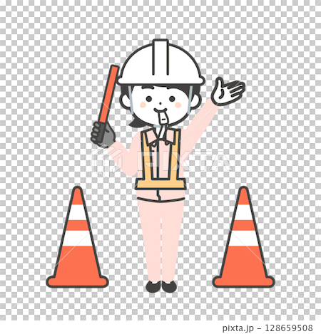 誘導棒を持ち笛を吹くヘルメットをかぶった作業員姿の3頭身女性イラスト 誘導棒を持ち笛を吹くヘルメットをかぶった作業員姿の3頭身女性イラスト 128659508