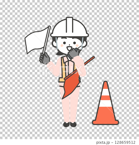 白い旗を揚げて誘導する交通誘導員の3頭身女性イラスト 白い旗を揚げて誘導する交通誘導員の3頭身女性イラスト 128659512