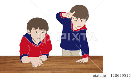 ピースポーズの男の子と兄 128659516