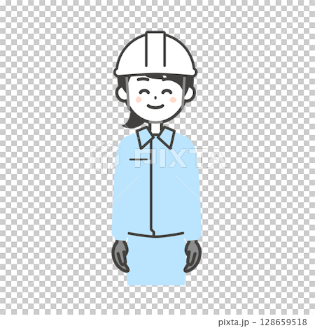 一位身穿工作服、戴著頭盔的微笑女性的插圖 128659518