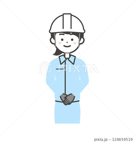 手を前で組む作業服を着てヘルメットをかぶった女性のイラスト 手を前で組む作業服を着てヘルメットをかぶった女性のイラスト 128659519
