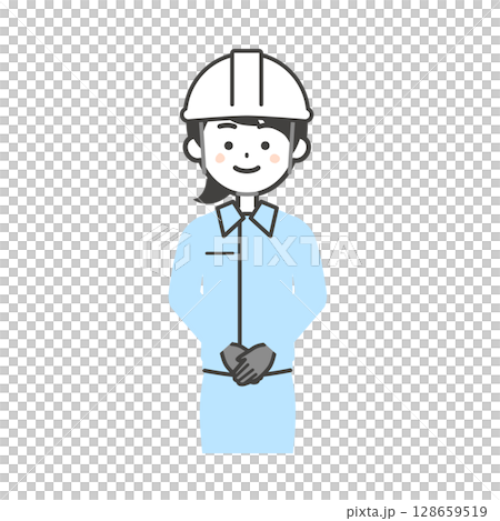 手を前で組む作業服を着てヘルメットをかぶった女性のイラスト 手を前で組む作業服を着てヘルメットをかぶった女性のイラスト 128659519
