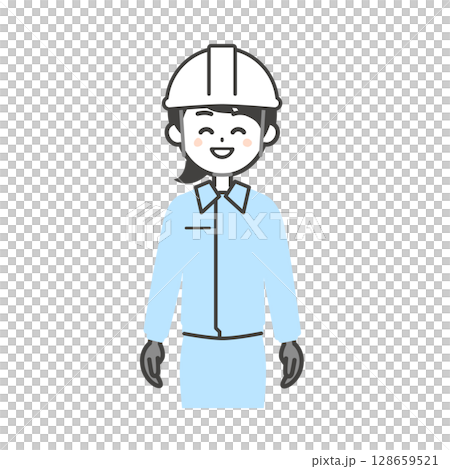 Illustration of a smiling woman wearing work clothes and a helmet Illustration of a smiling woman wearing work clothes and a helmet 128659521