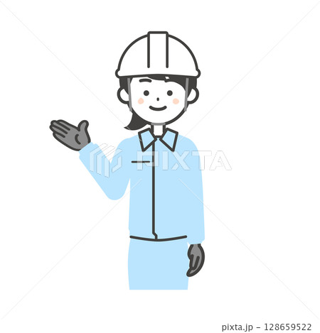 手で示す作業服を着てヘルメットをかぶった女性のイラスト 128659522