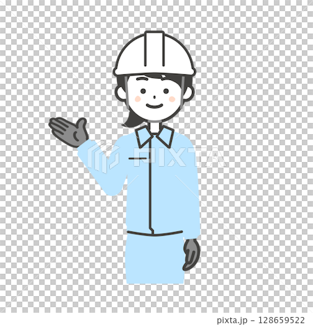 手で示す作業服を着てヘルメットをかぶった女性のイラスト 128659522